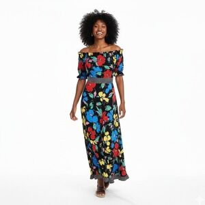 Rixo for Target Whimsy Off Shoulder Maxi Dress Black Floral Colorful Size 2